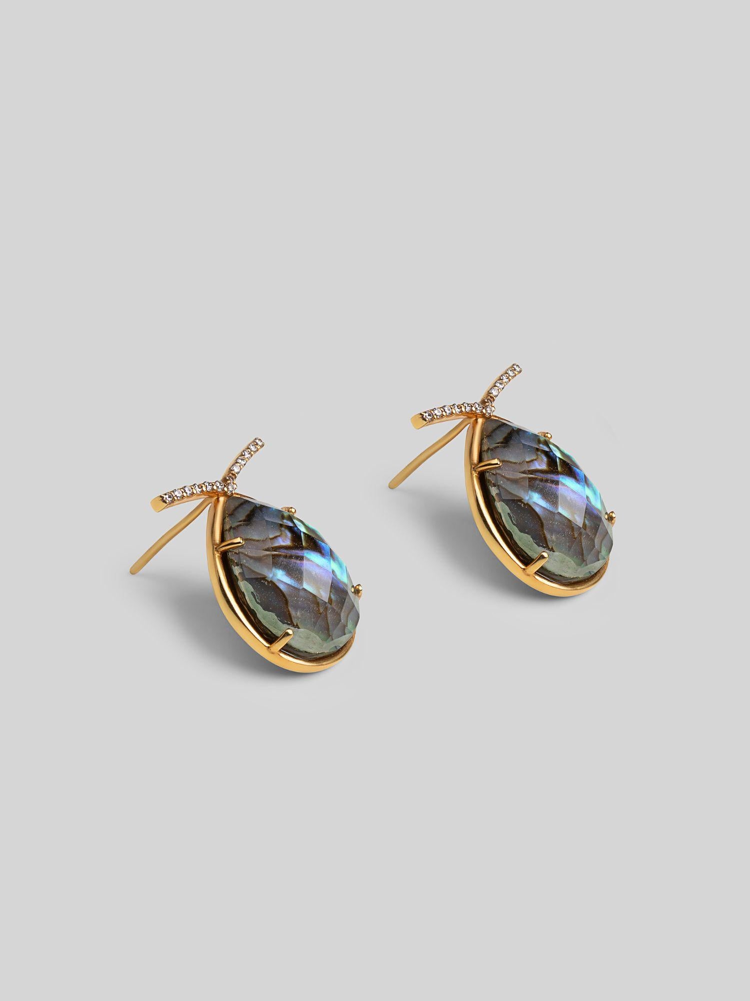 Angled product shot of Aeris abalone teardrop earrings showing stone iridescence and gold setting detail.