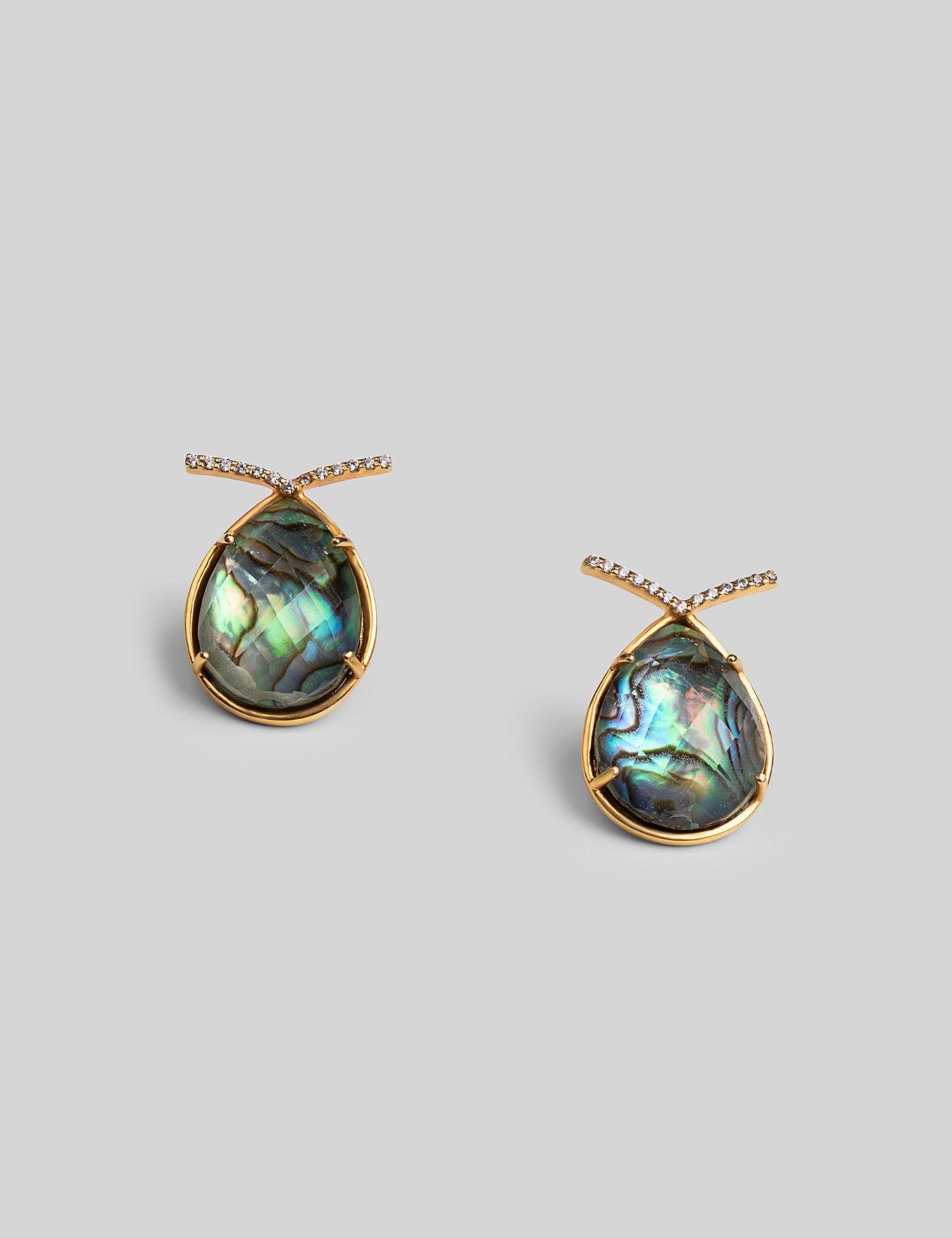 Aeris teardrop earrings with abalone labradorite stone and zircon bar detail in 24k gold on neutral background.