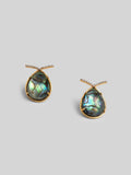 Aeris teardrop earrings with abalone labradorite stone and zircon bar detail in 24k gold on neutral background.