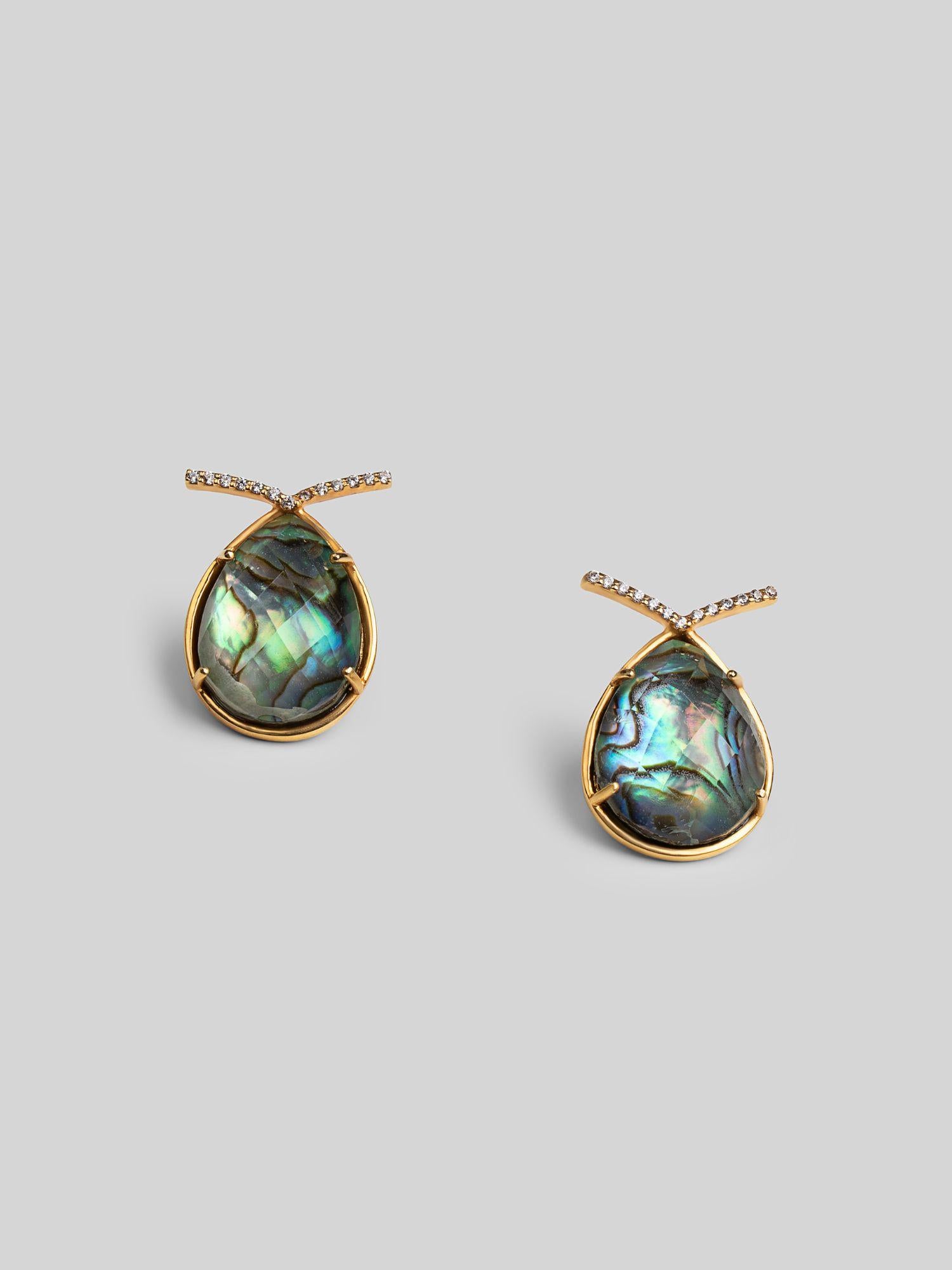 Aeris teardrop earrings with abalone labradorite stone and zircon bar detail in 24k gold on neutral background.