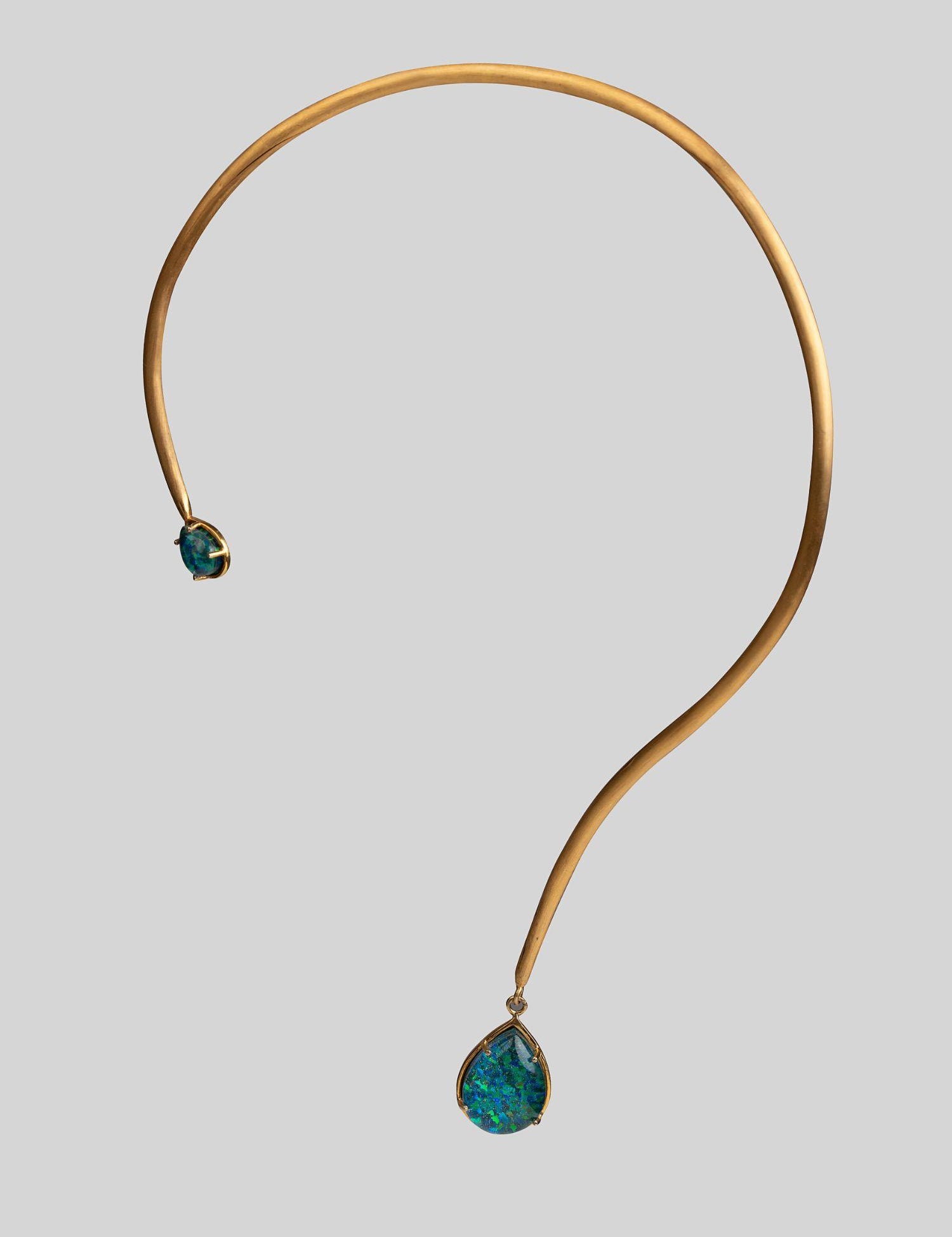 Full front view of Aeris open bar necklace with single opal crystal haze pendant drop in 24k gold.