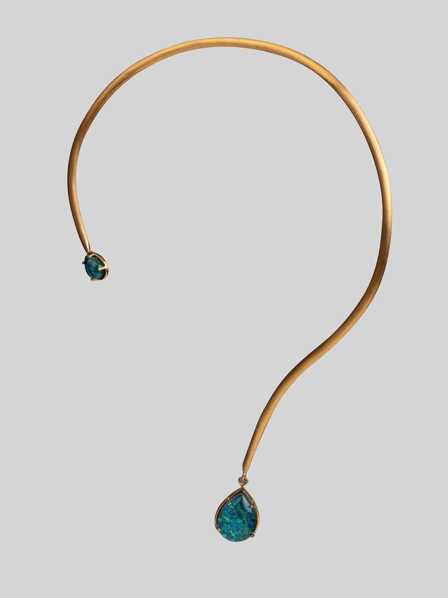 Full front view of Aeris open bar necklace with single opal crystal haze pendant drop in 24k gold.