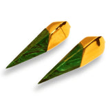 Gold and malachite elongated earrings showing full length on white background