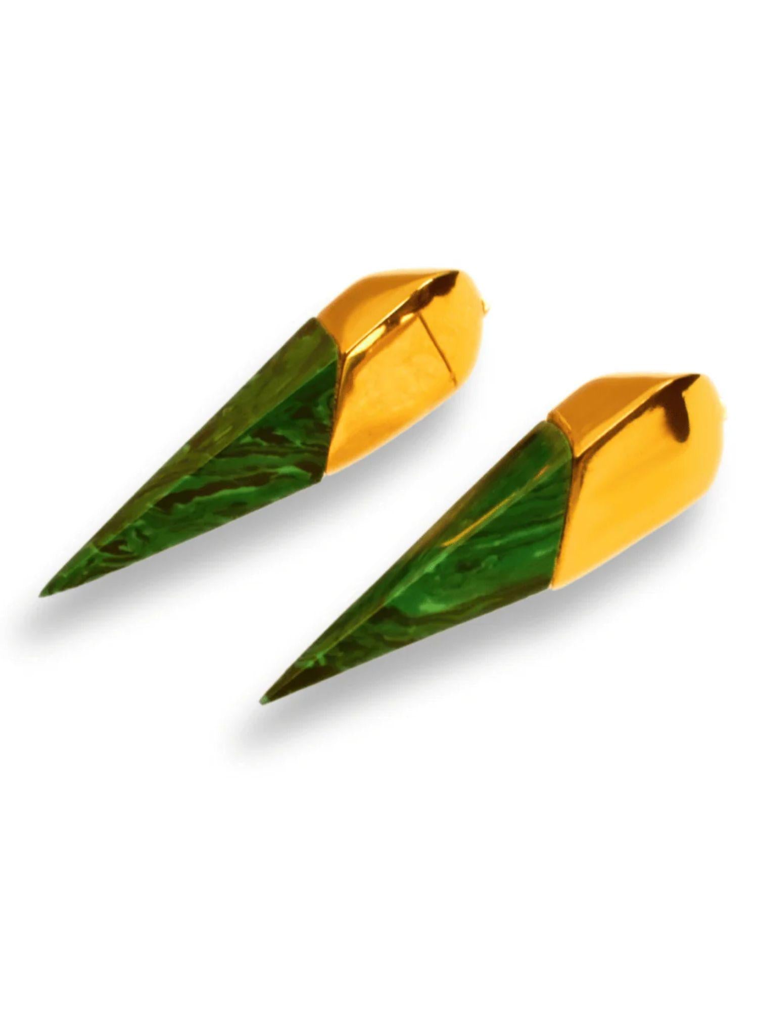 Gold and malachite elongated earrings showing full length on white background