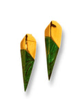 Pair of gold and malachite spike drop earrings on white background