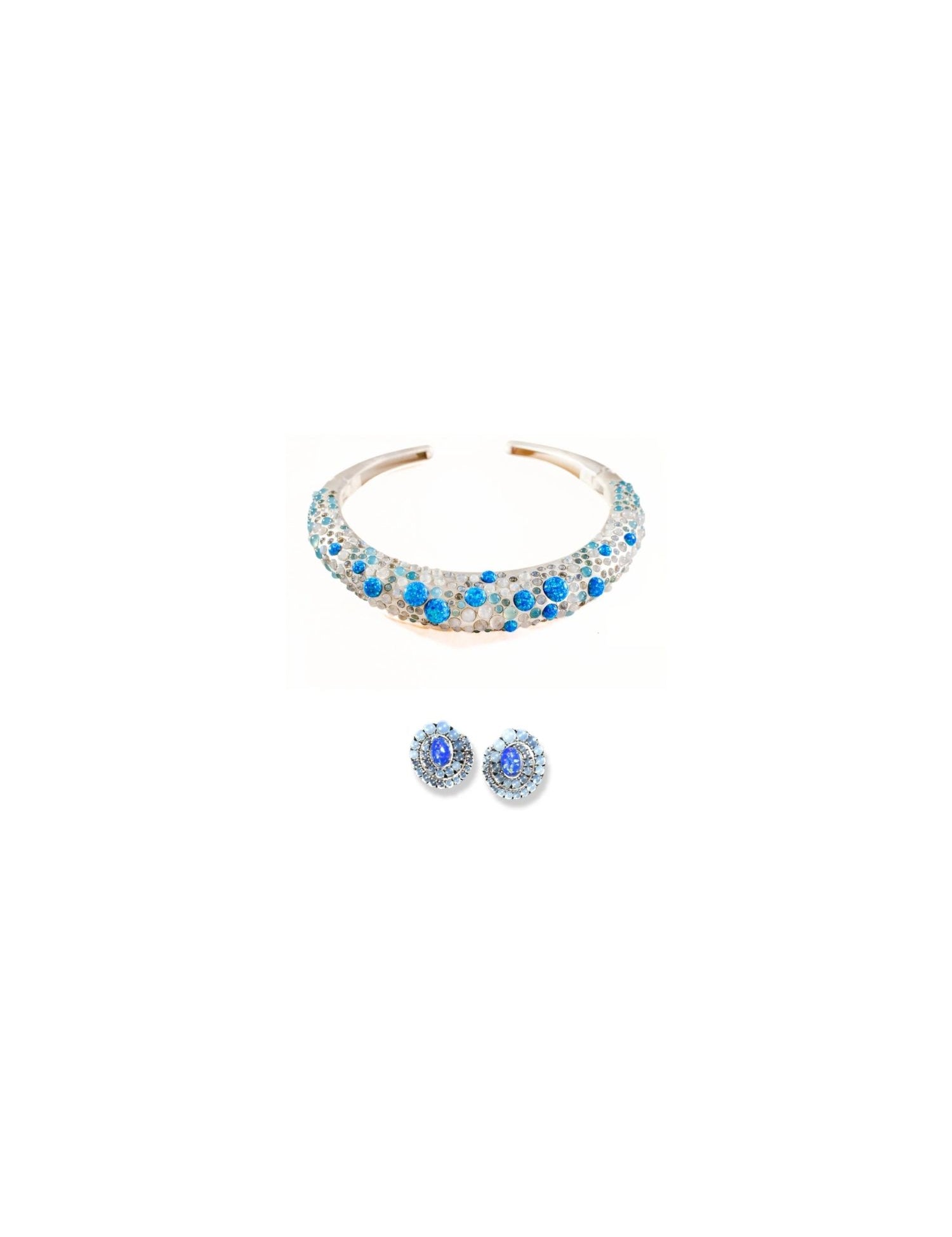 Silver hasli necklace with matching blue opal spiral earrings on white background