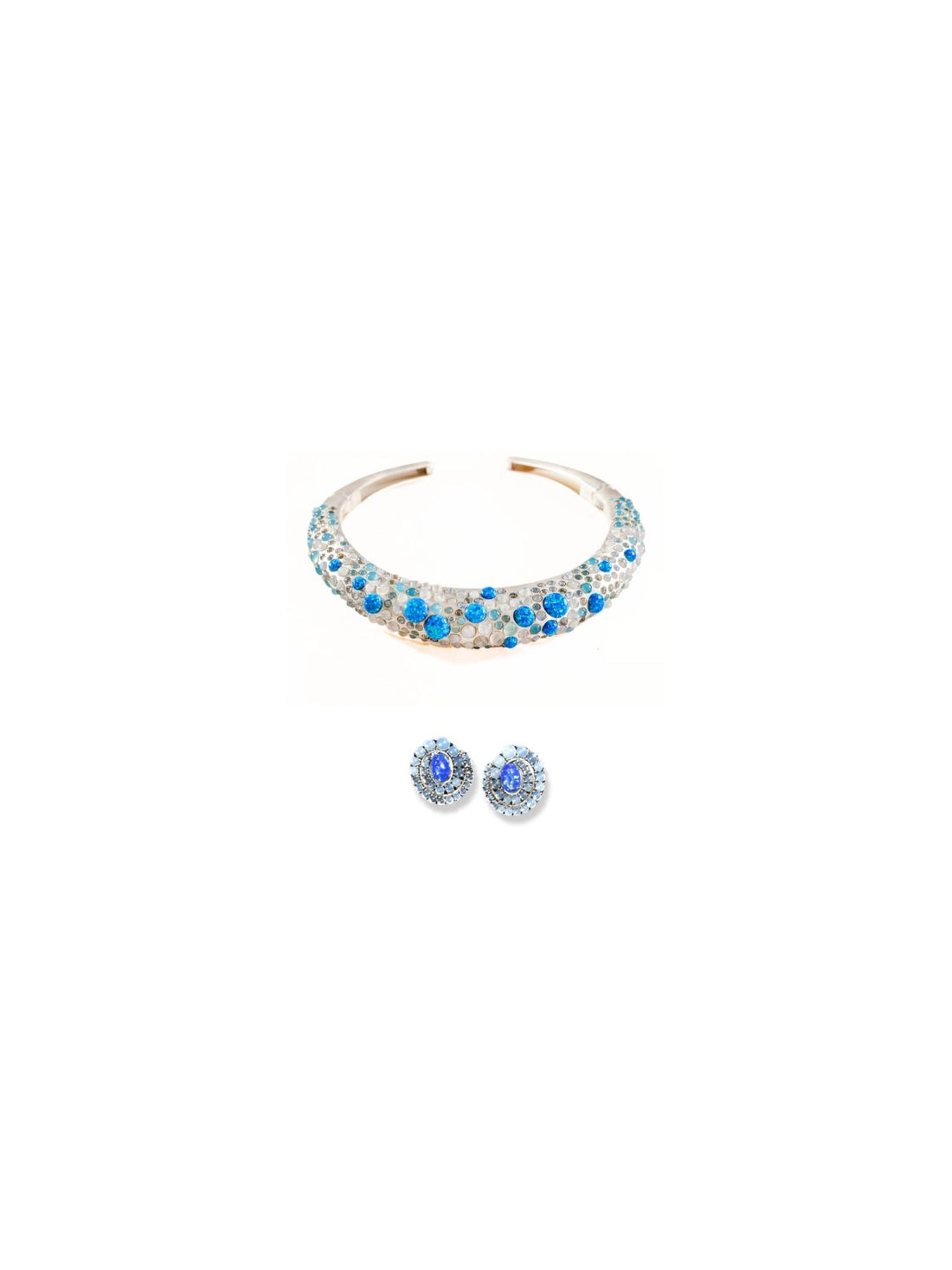 Silver hasli necklace with matching blue opal spiral earrings on white background