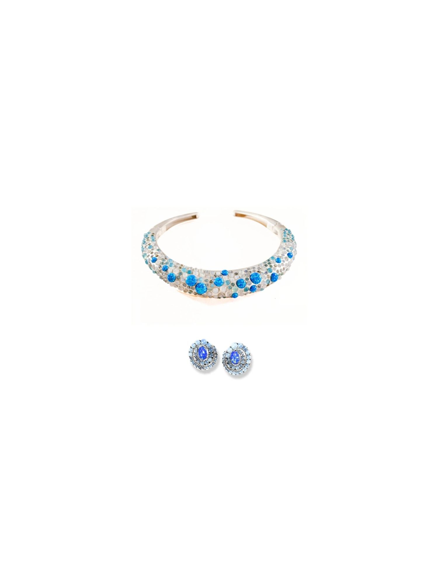 Silver hasli necklace with matching blue opal spiral earrings on white background