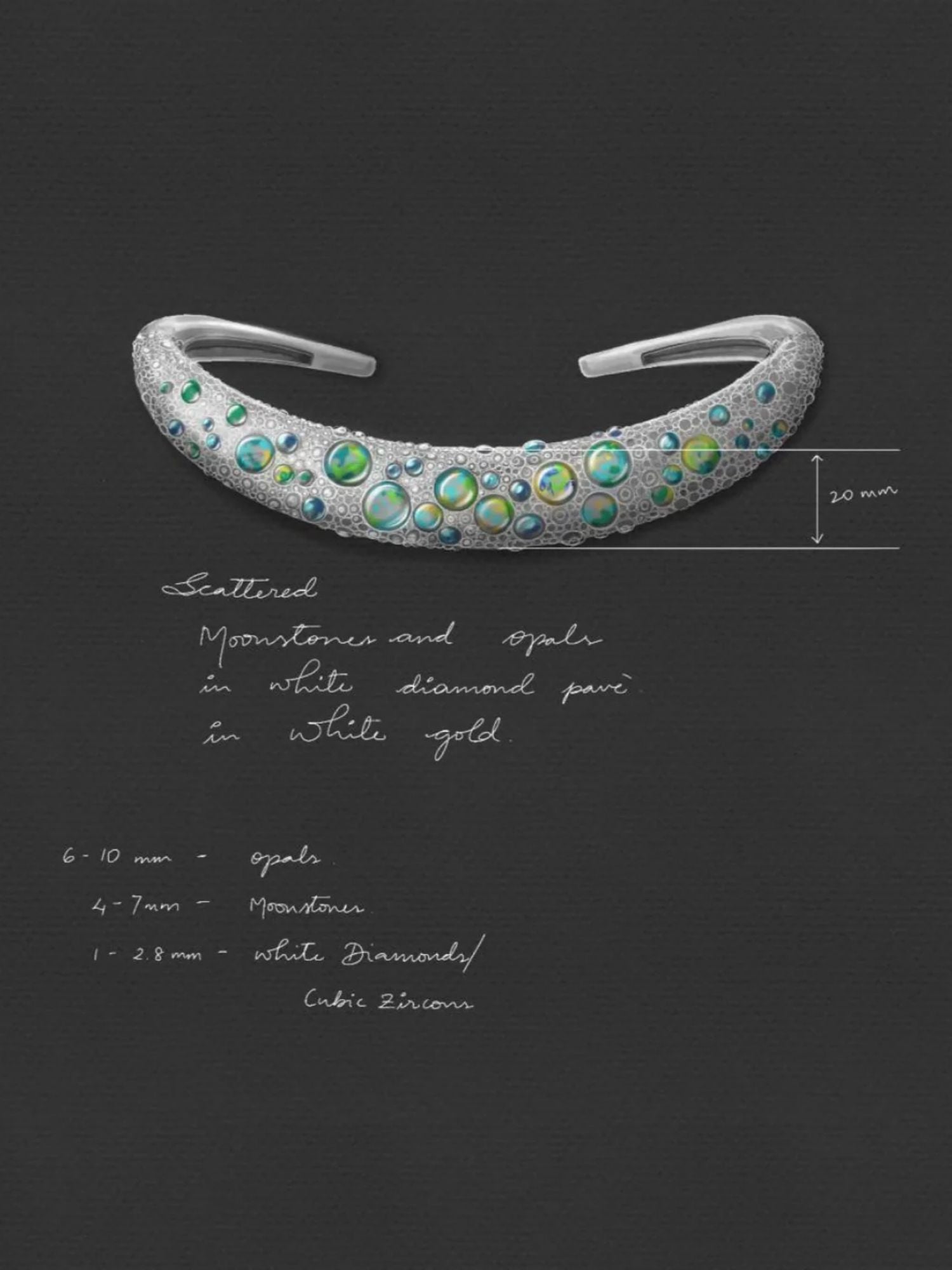 Original design sketch of Blue Opal Orbs hasli necklace with stone and material notes