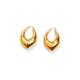 Pair of small geometric gold claw hoop earrings on white background