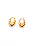 Pair of small geometric gold claw hoop earrings on white background
