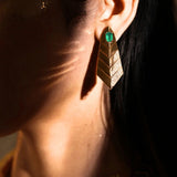 Model wearing green onyx gold earrings, side profile showing full drop length