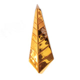 Close-up of triangular gold tie pendant with CZ stone inlay