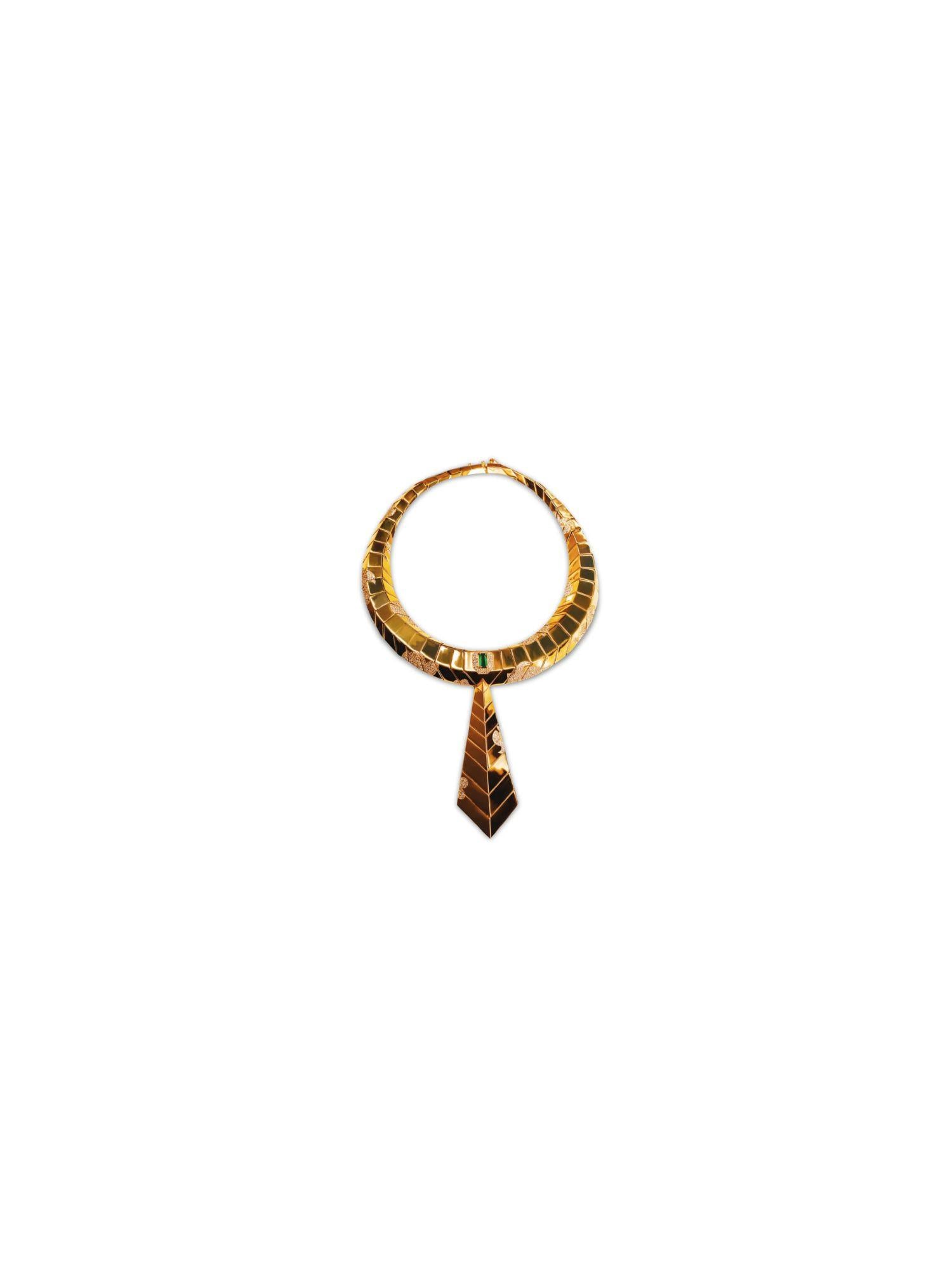 Miniature view of gold collar necklace with green onyx tie pendant