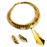 Gold collar necklace set with green onyx and CZ earrings on white background