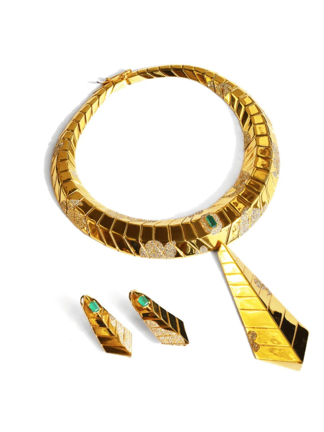 Gold collar necklace set with green onyx and CZ earrings on white background