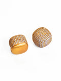 Pair of brushed gold cube earrings with CZ pave dome on white background