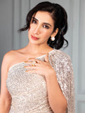 Model wearing CZ pave dome cocktail ring, hand resting on neck