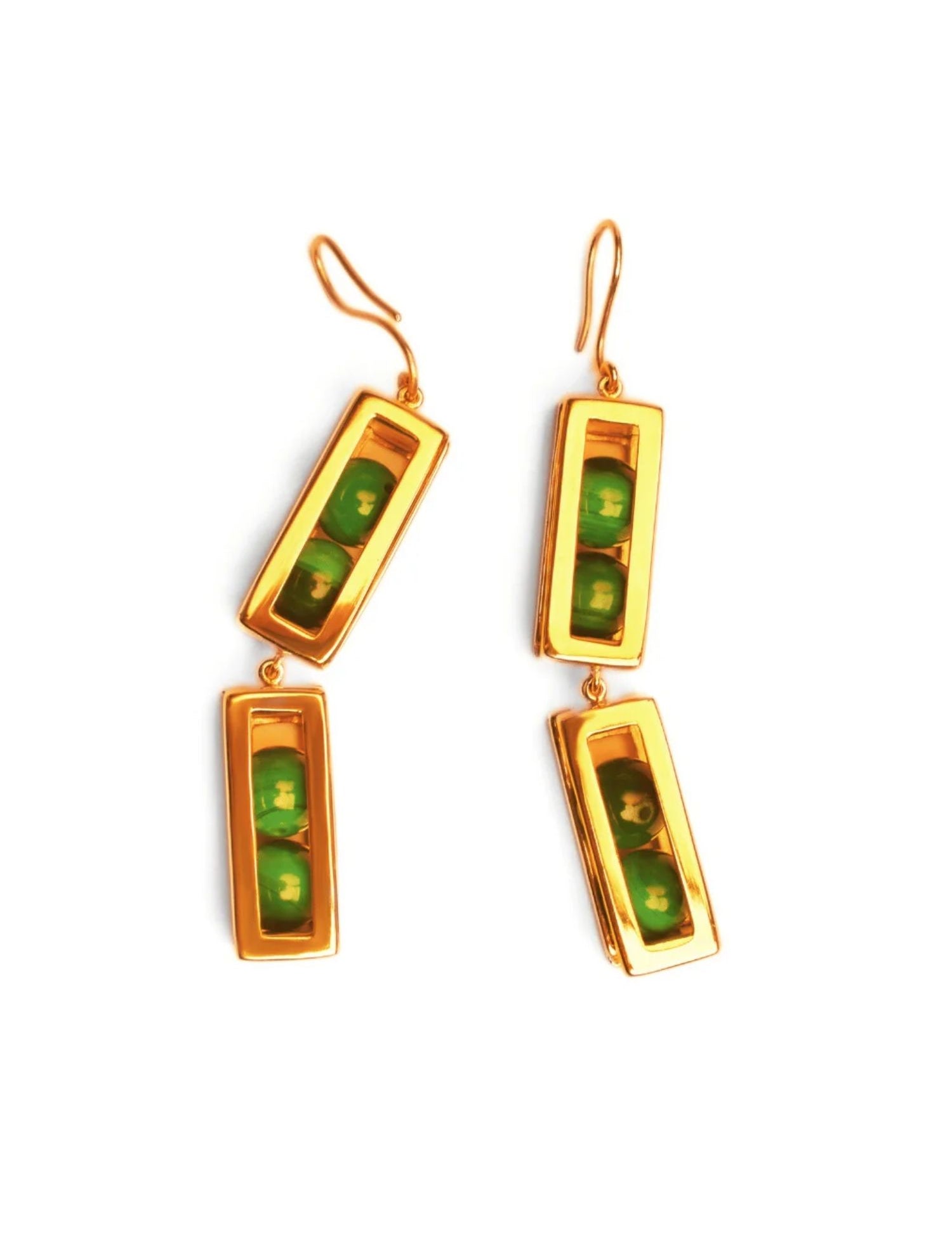 Double-drop large gold box earrings with malachite beads on white background