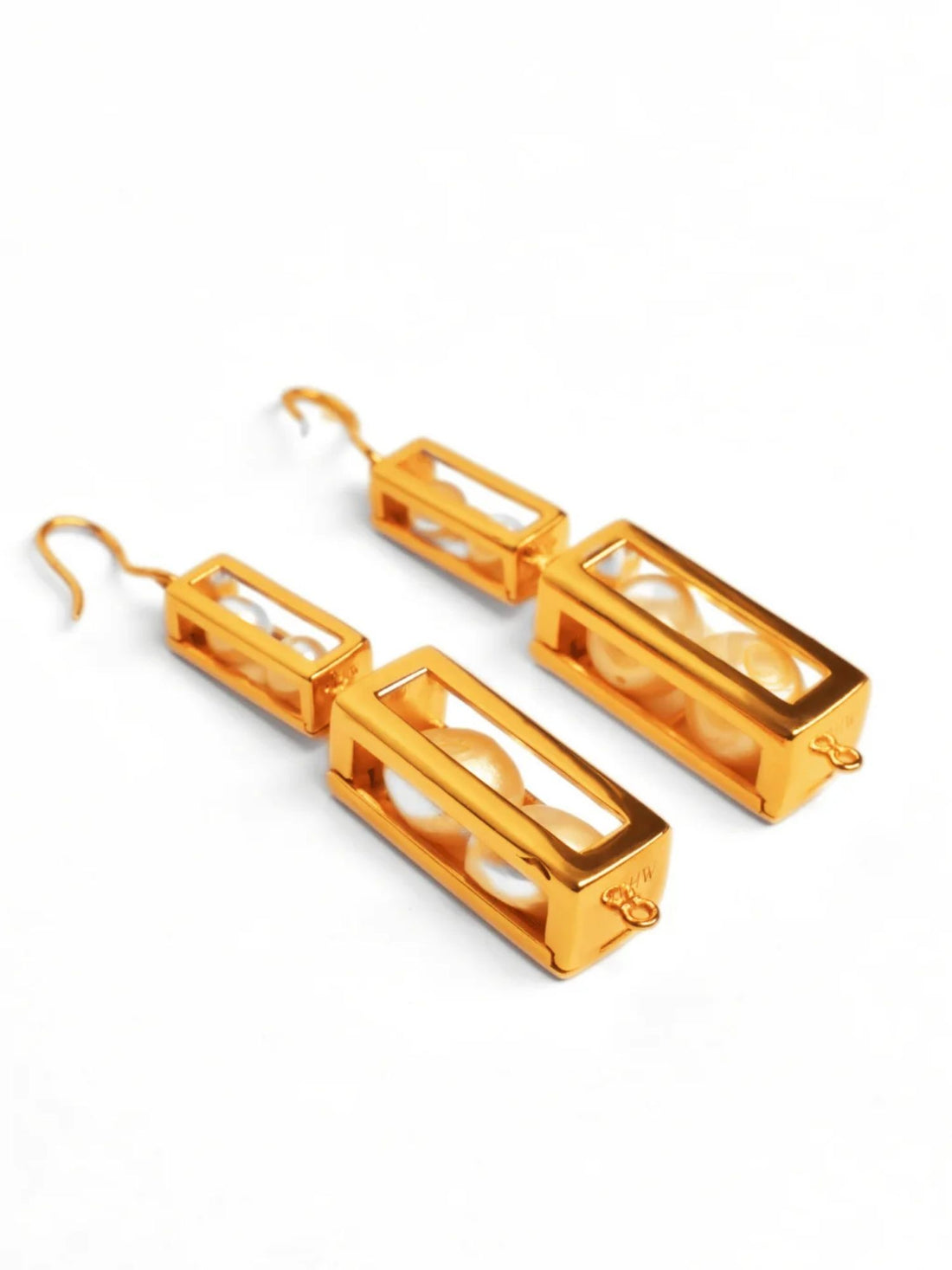 Large gold box drop earrings with pearl beads showing compartment detail