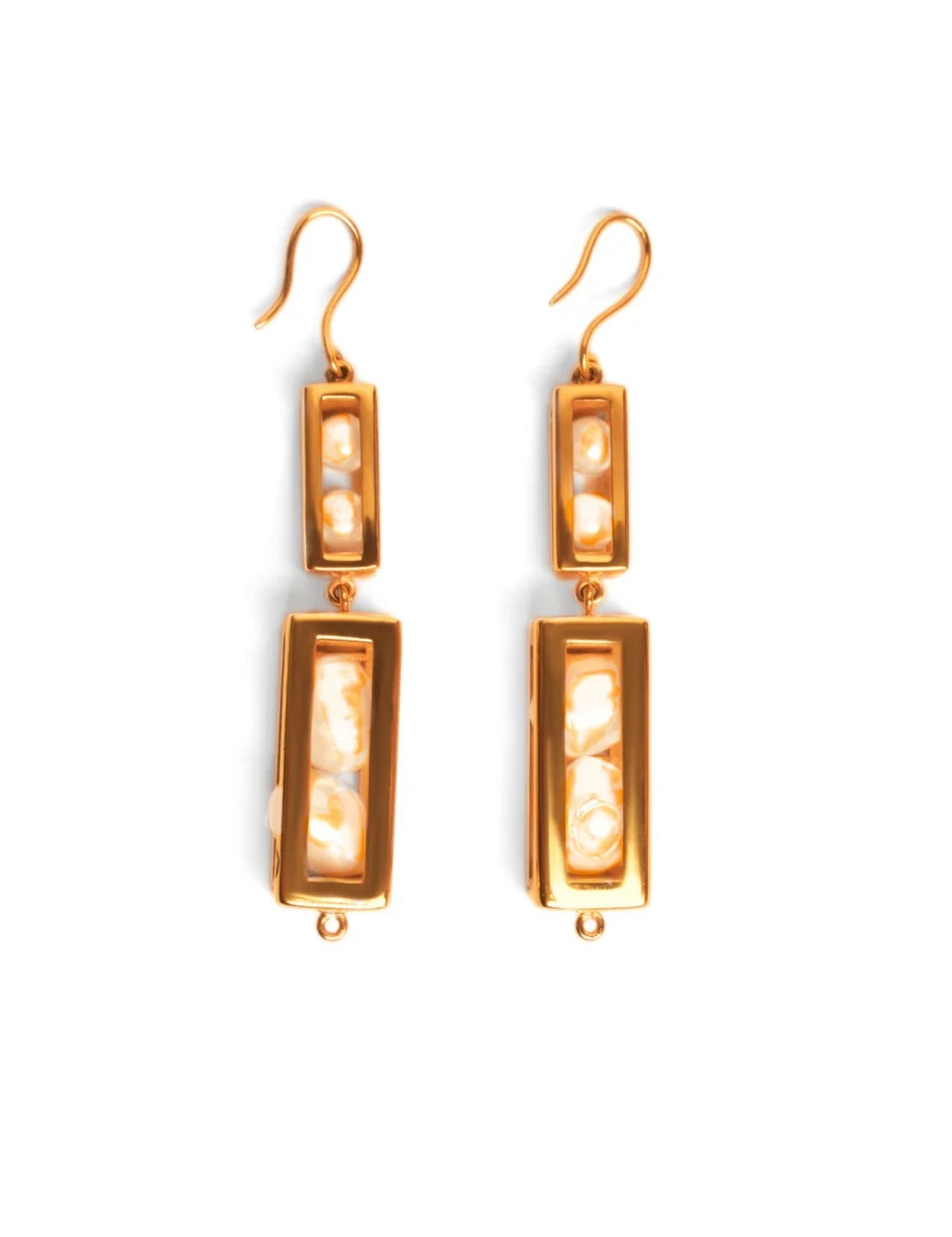 Double-drop large gold box earrings with pearl beads on white background