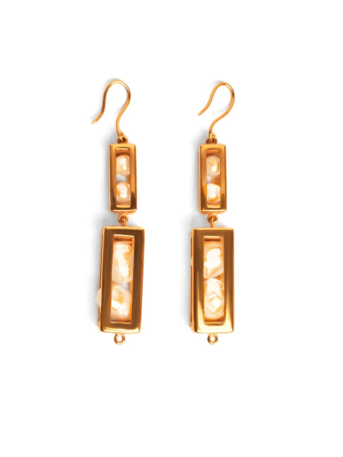 Double-drop large gold box earrings with malachite beads on white background