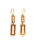 Double-drop large gold box earrings with pearl beads on white background