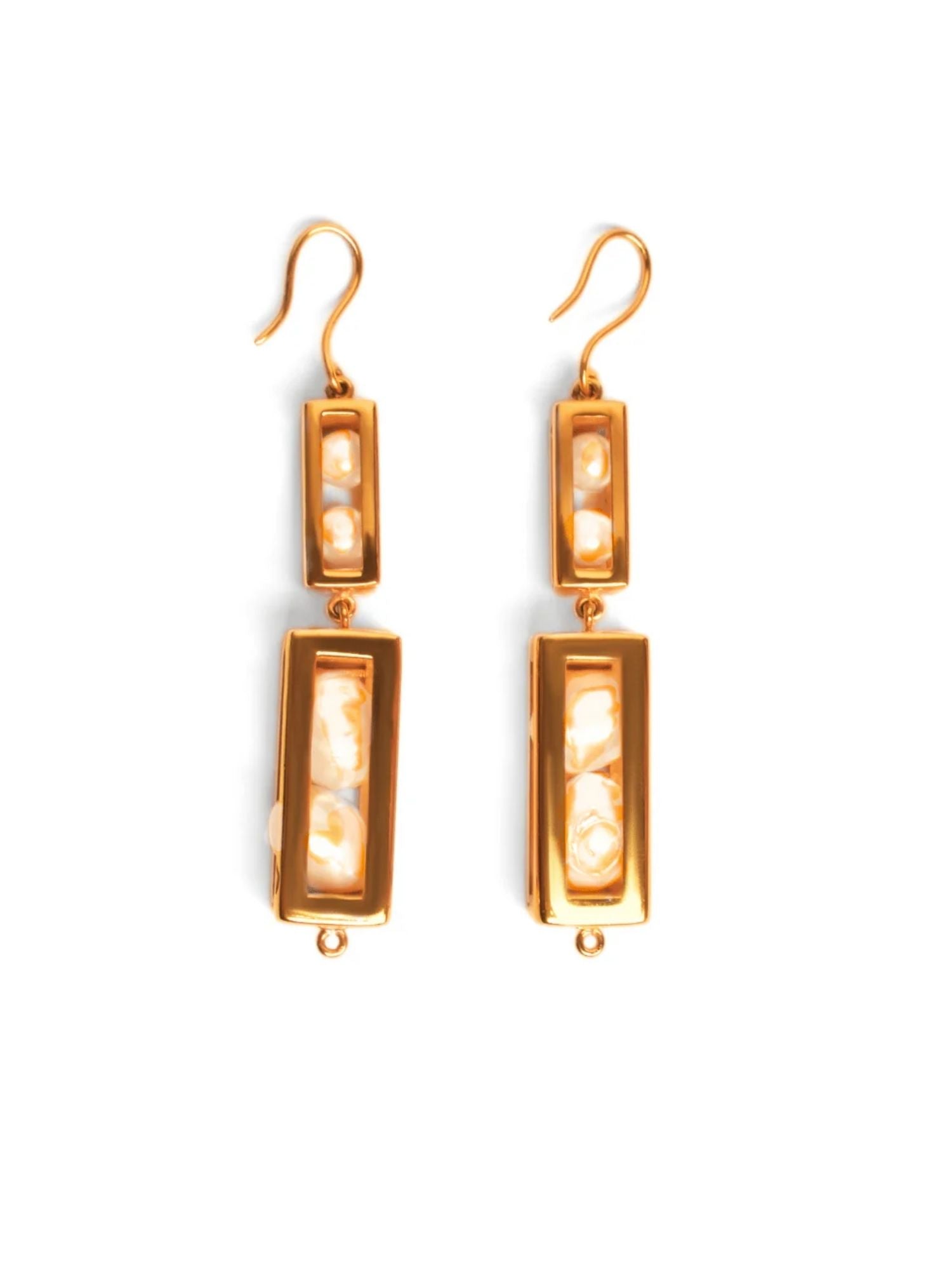 Double-drop large gold box earrings with pearl beads on white background