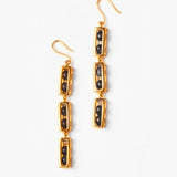 Triple-drop gold box link earrings with agate beads on white background