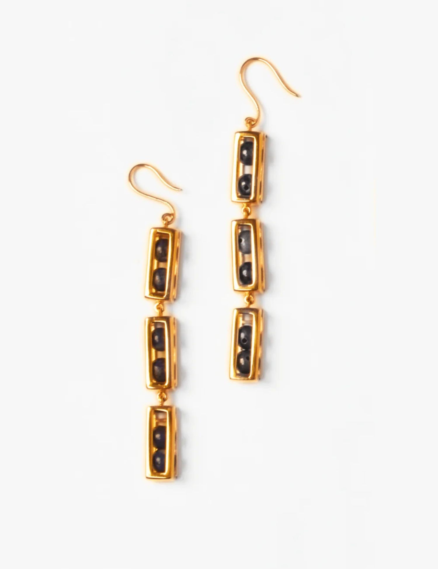 Triple-drop gold box link earrings with agate beads on white background