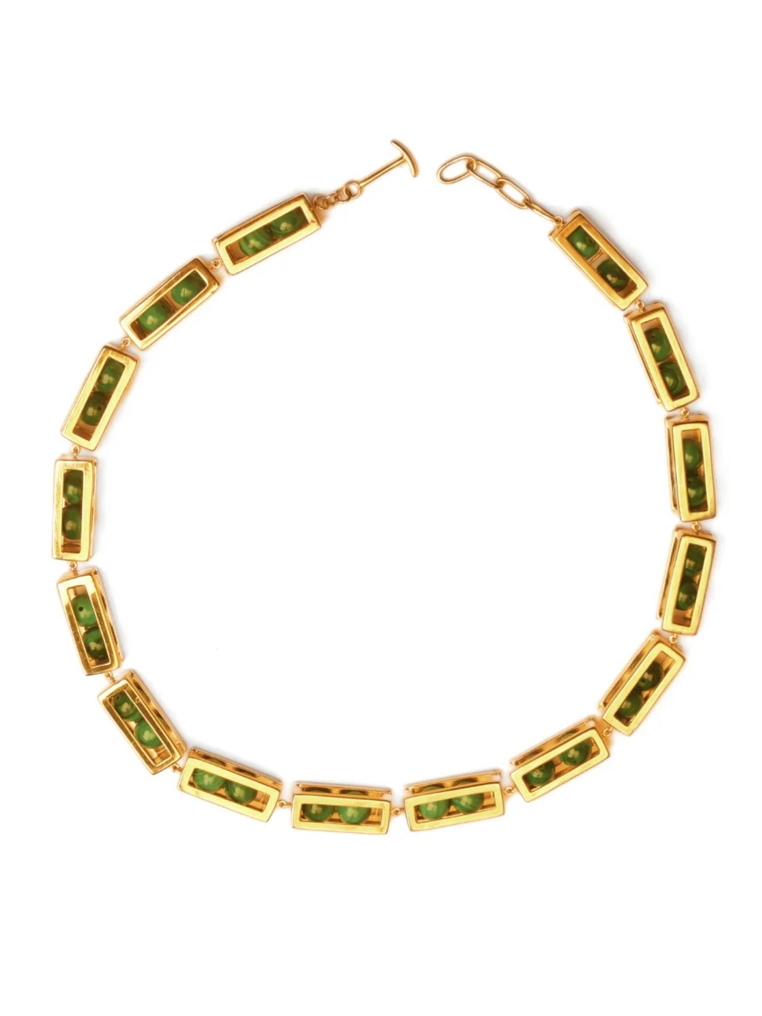 Large gold interchangeable box link necklace with malachite beads on white