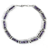 Large silver rhodium box link choker necklace with amethyst beads on white