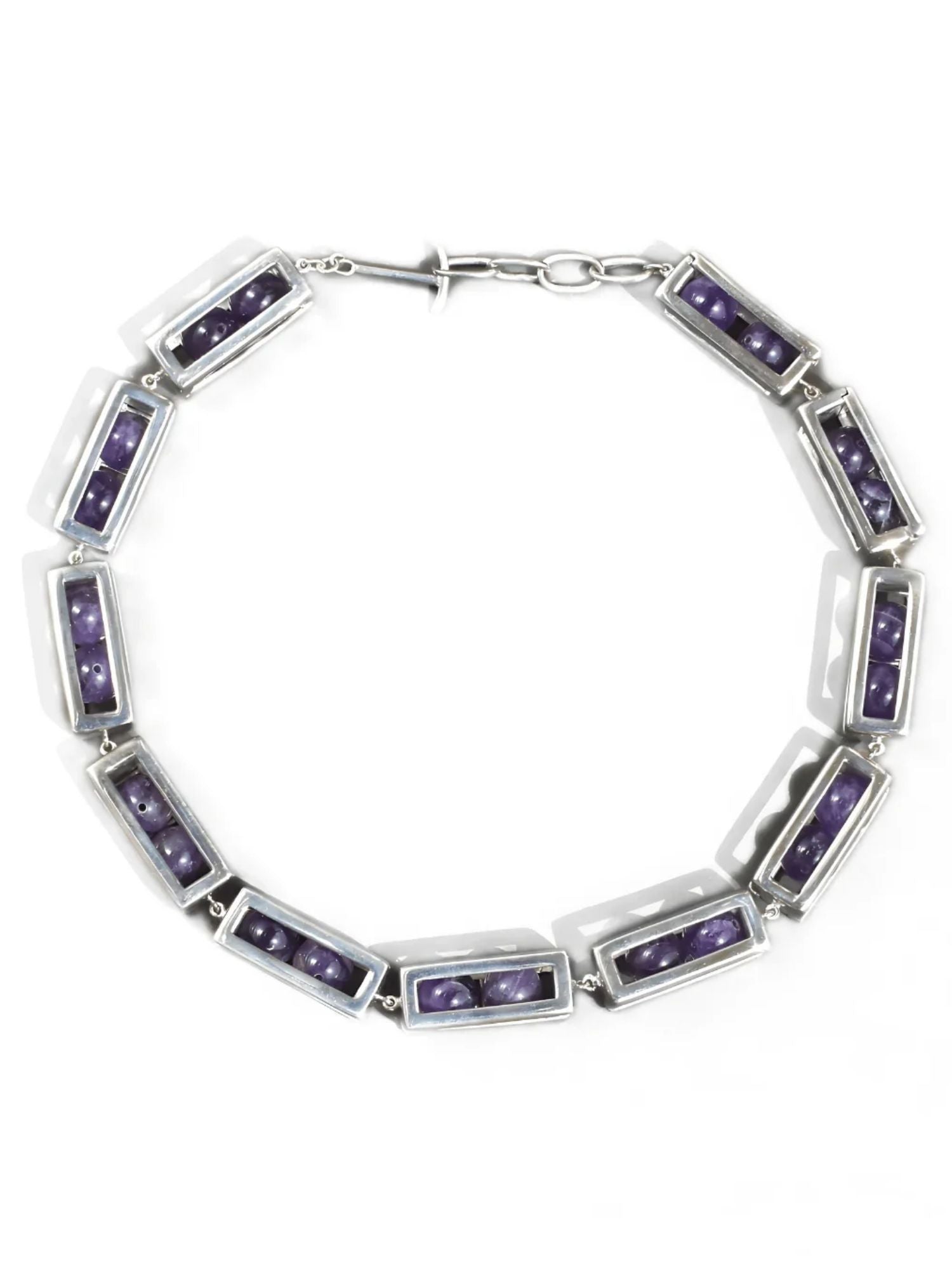 Large silver rhodium box link choker necklace with amethyst beads on white