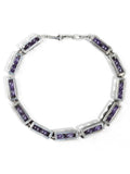 Large silver rhodium box link choker necklace with amethyst beads on white