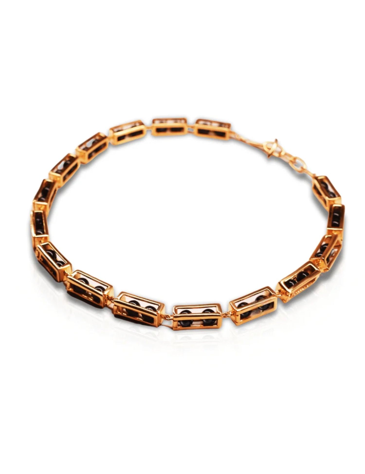 Gold interchangeable box link choker necklace with agate beads on white