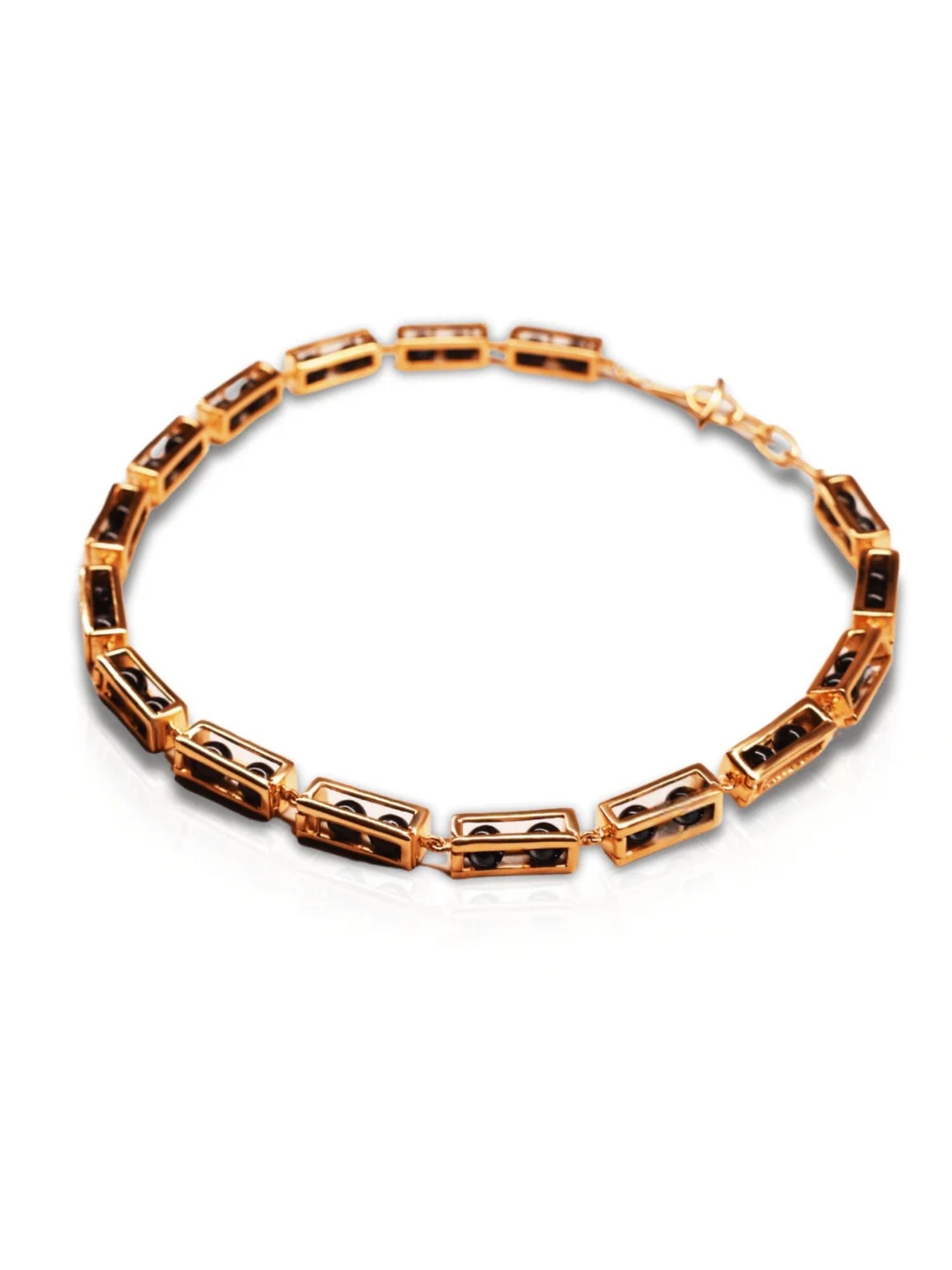Gold interchangeable box link choker necklace with agate beads on white