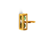Front-facing product shot of large gold box ring with malachite beads