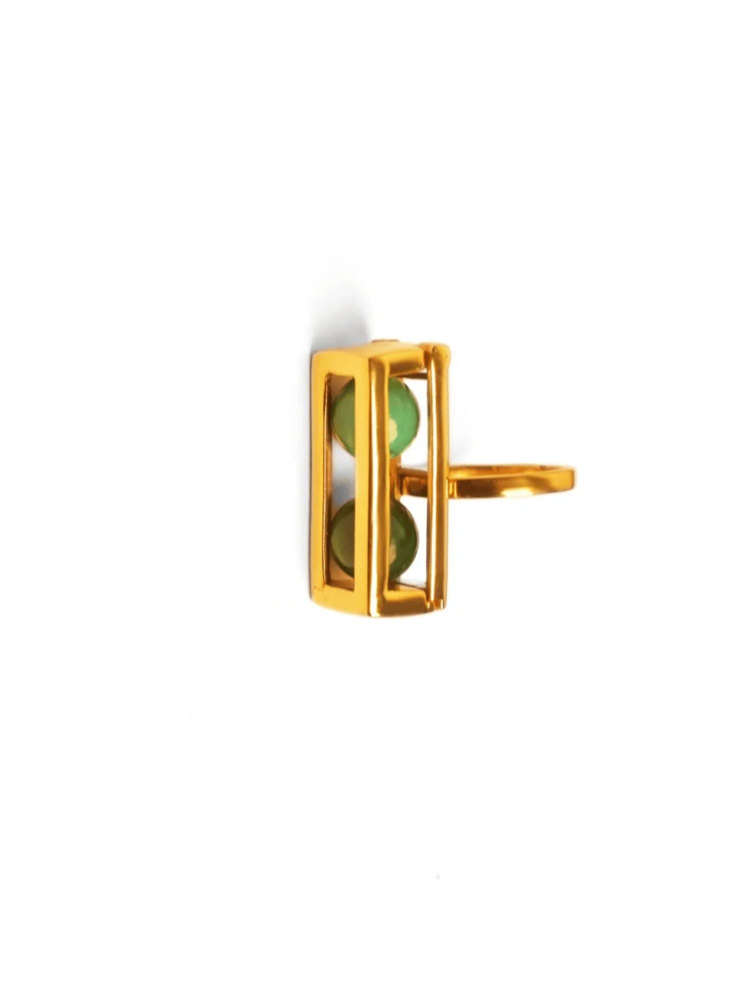 Front-facing product shot of large gold box ring with malachite beads