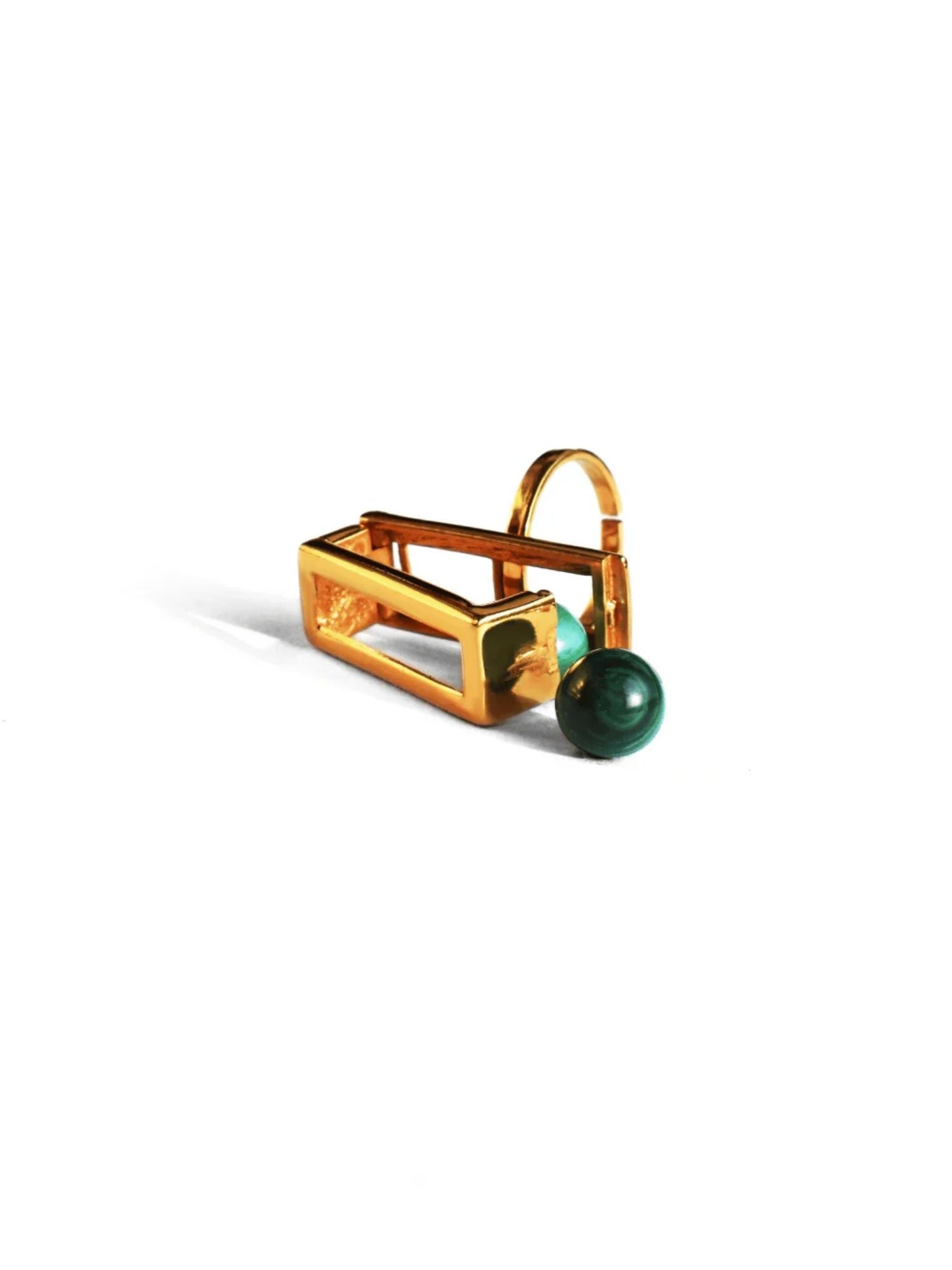 Large gold box cocktail ring with malachite interchangeable beads on white