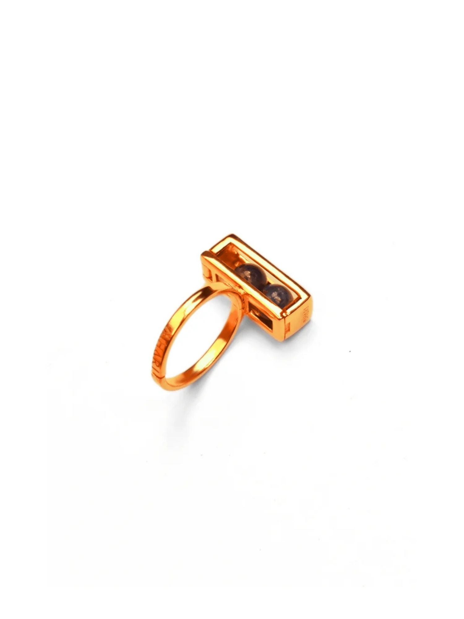 Single gold interchangeable box cocktail ring with agate bead on white