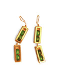 Double-drop gold box link earrings with malachite beads on white background