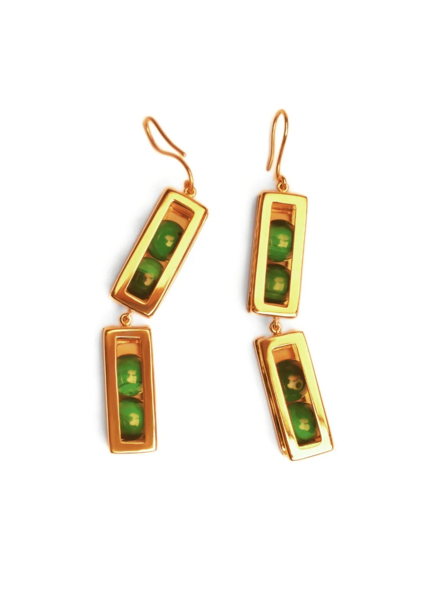 Double-drop gold box link earrings with malachite beads on white background