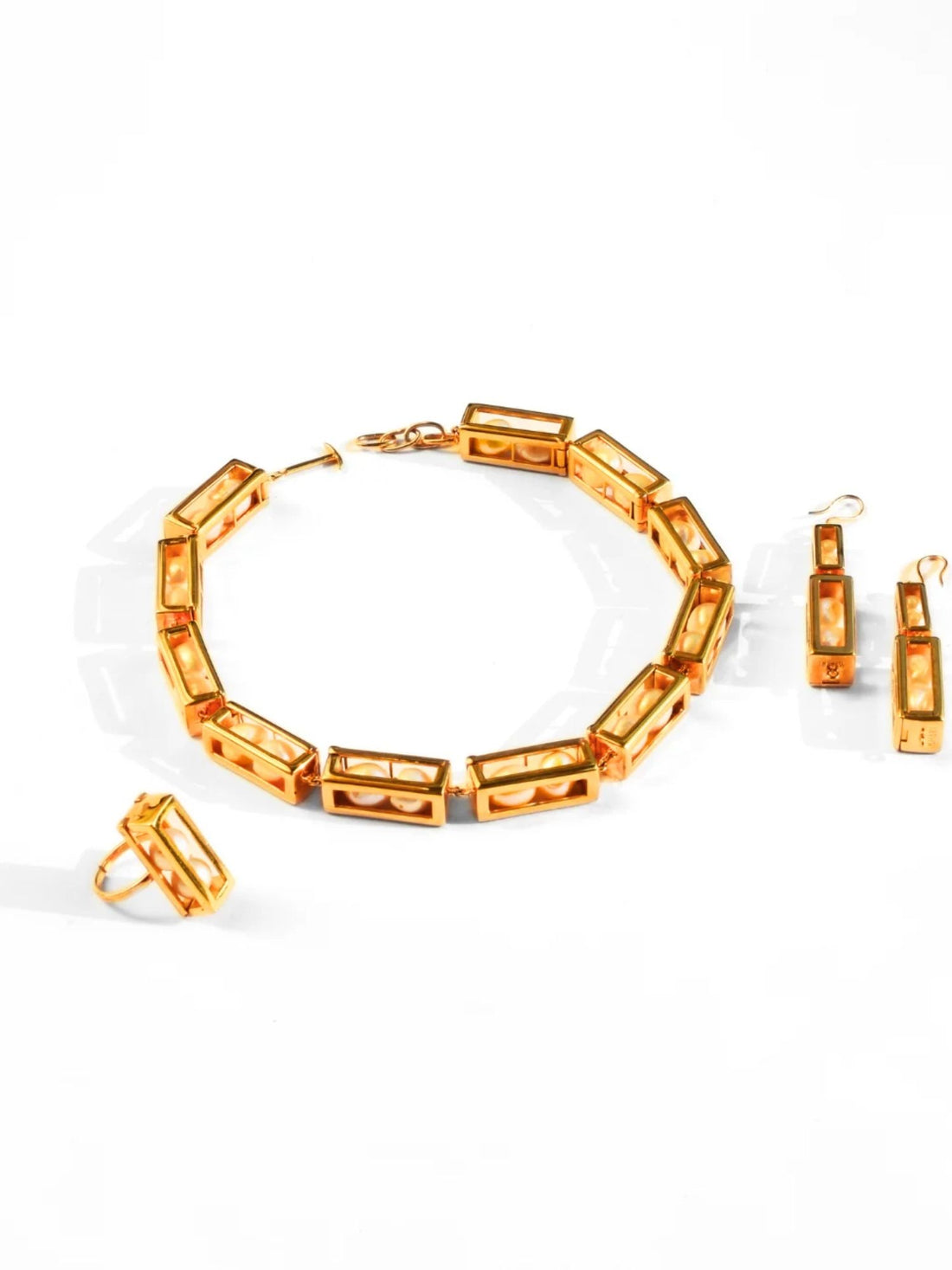 Large gold interchangeable box link necklace, earring and ring set with pearl beads