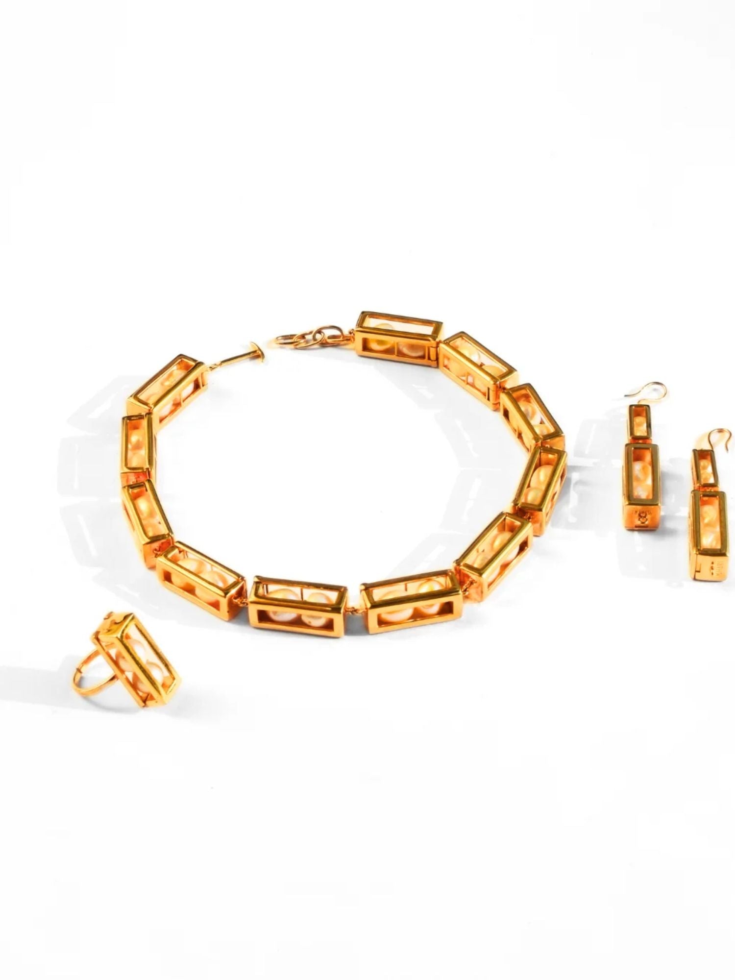 Large gold interchangeable box link necklace, earring and ring set with pearl beads