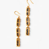 Triple-drop gold box link earrings with agate beads on white background