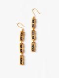 Triple-drop gold box link earrings with agate beads on white background