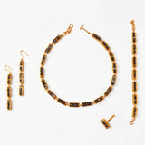 Gold interchangeable box link necklace and earring set with agate beads on white