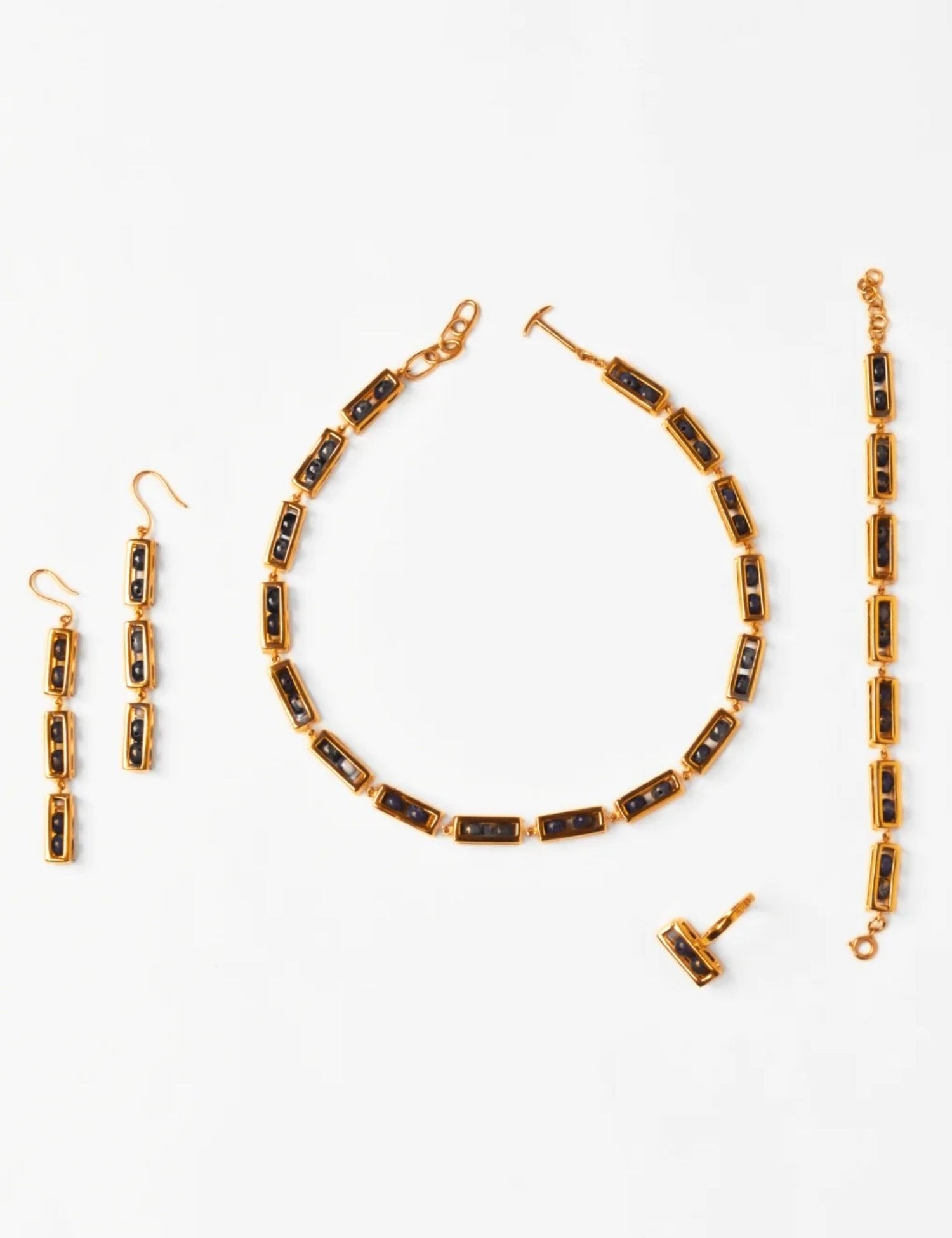 Gold interchangeable box link necklace and earring set with agate beads on white