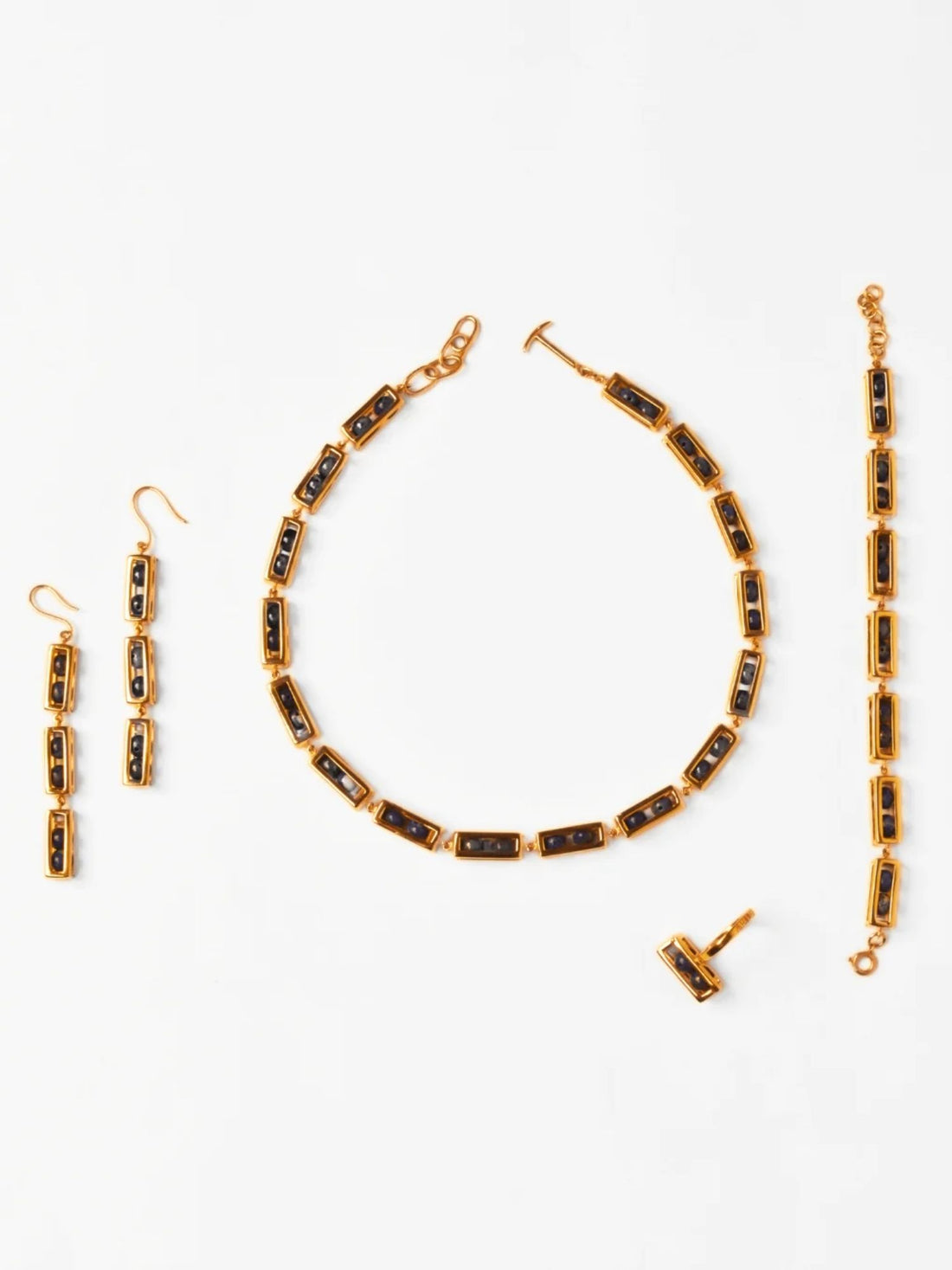 Gold interchangeable box link necklace and earring set with agate beads on white
