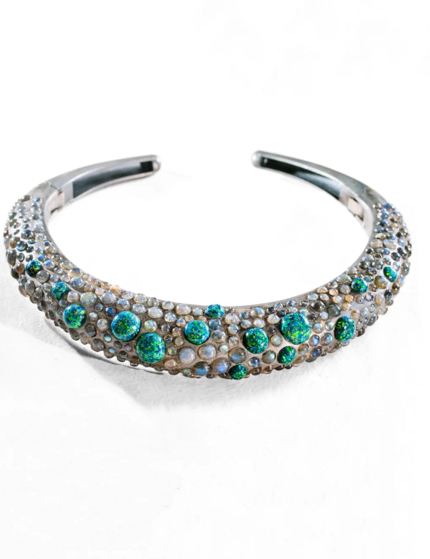 Oxidised silver hasli necklace with green fire opal and labradorite stones